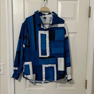 NWOT Geometric Blue and Black button down Shirt